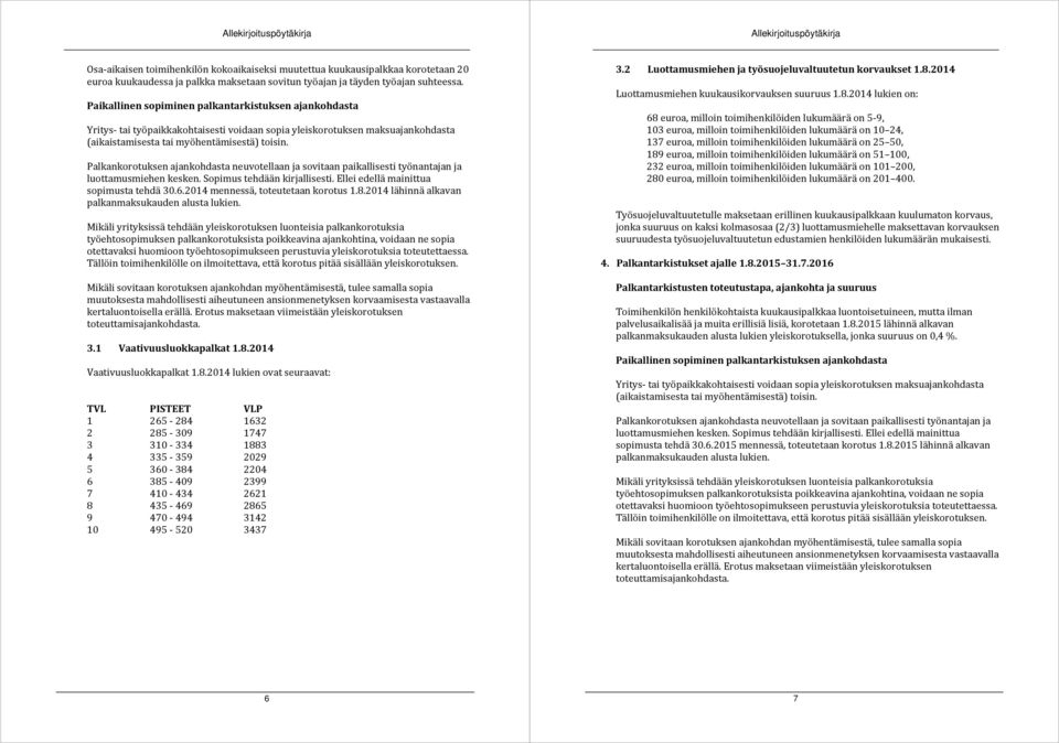 Palkankorotuksen ajankohdasta neuvotellaan ja sovitaan paikallisesti työnantajan ja luottamusmiehen kesken. Sopimus tehdään kirjallisesti. Ellei edellä mainittua sopimusta tehdä 30.6.