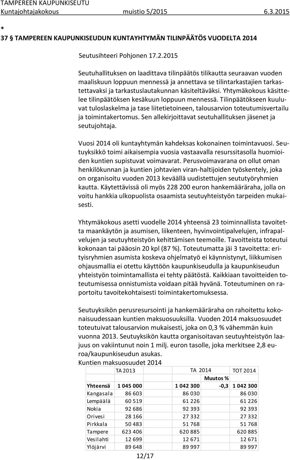 2015 Seutuhallituksen on laadittava tilinpäätös tilikautta seuraavan vuoden maaliskuun loppuun mennessä ja annettava se tilintarkastajien tarkastettavaksi ja tarkastuslautakunnan käsiteltäväksi.