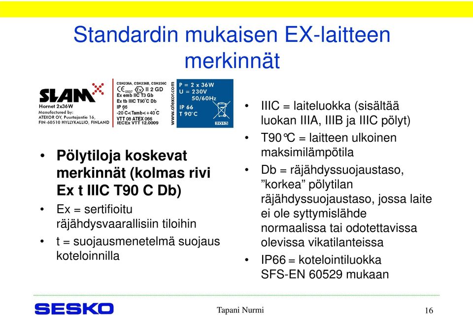 pölyt) T90 C = laitteen ulkoinen maksimilämpötila Db = räjähdyssuojaustaso, korkea pölytilan räjähdyssuojaustaso, jossa laite