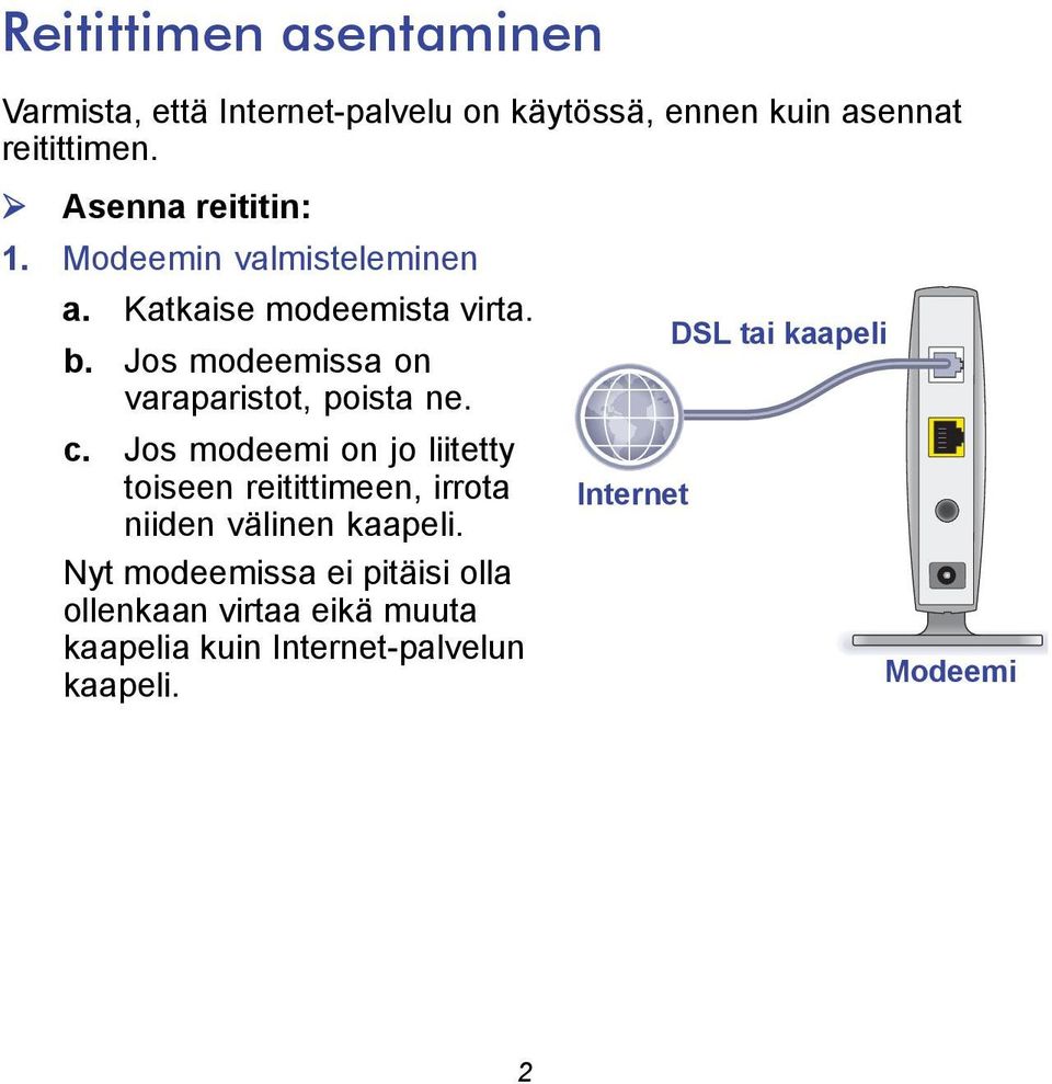 Jos modeemissa on varaparistot, poista ne. c.