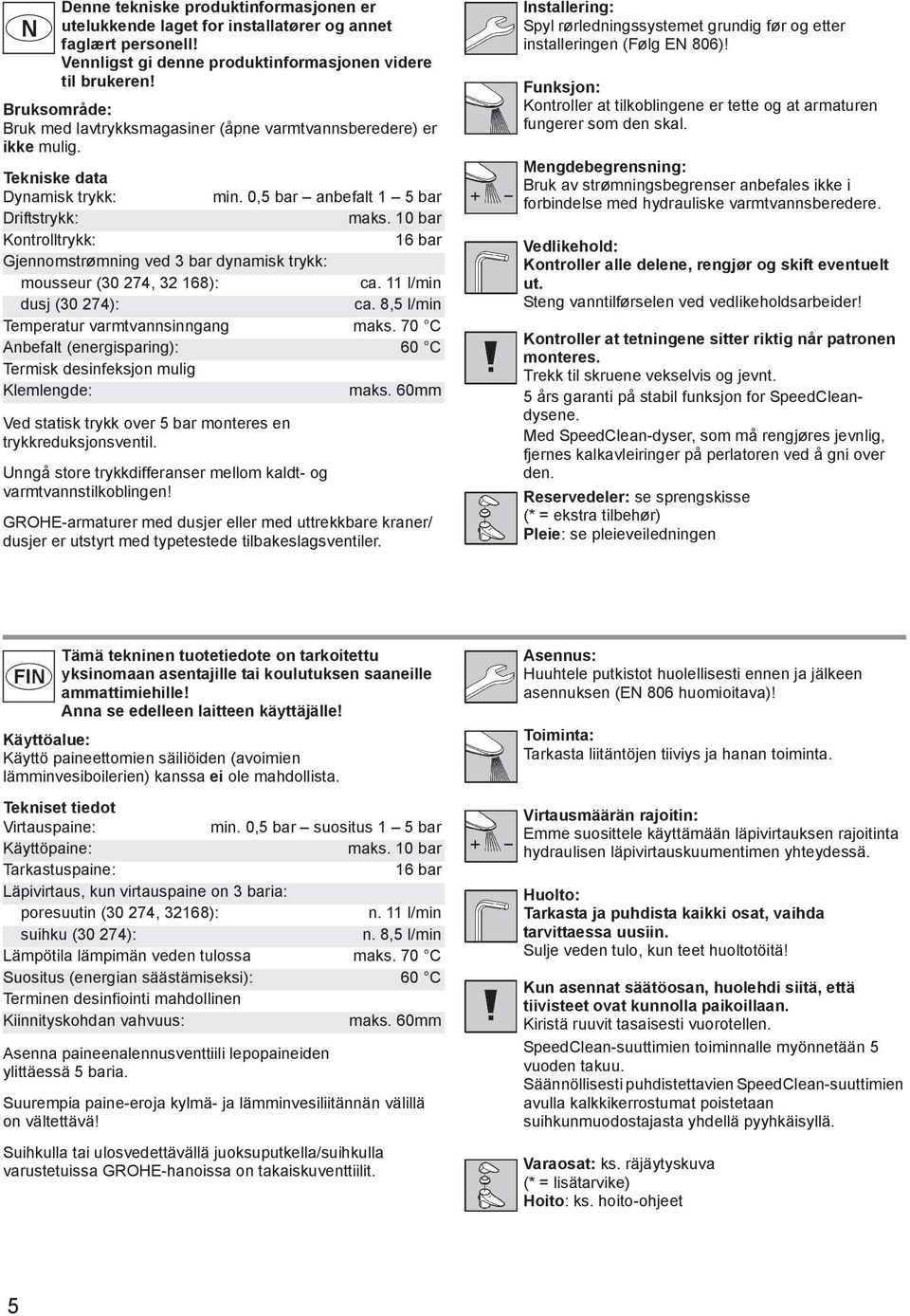 10 bar Kontrolltrykk: 16 bar Gjennomstrømning ved 3 bar dynamisk trykk: mousseur (30 274, 32 168): ca. 11 l/min dusj (30 274): ca. 8,5 l/min Temperatur varmtvannsinngang maks.