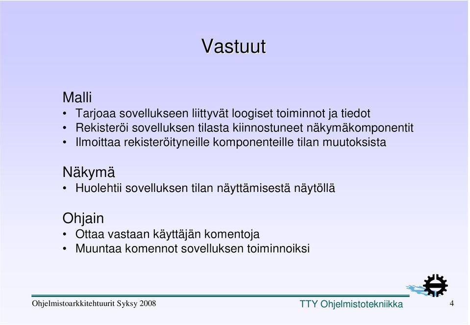 komponenteille tilan muutoksista Näkymä Huolehtii sovelluksen tilan näyttämisestä