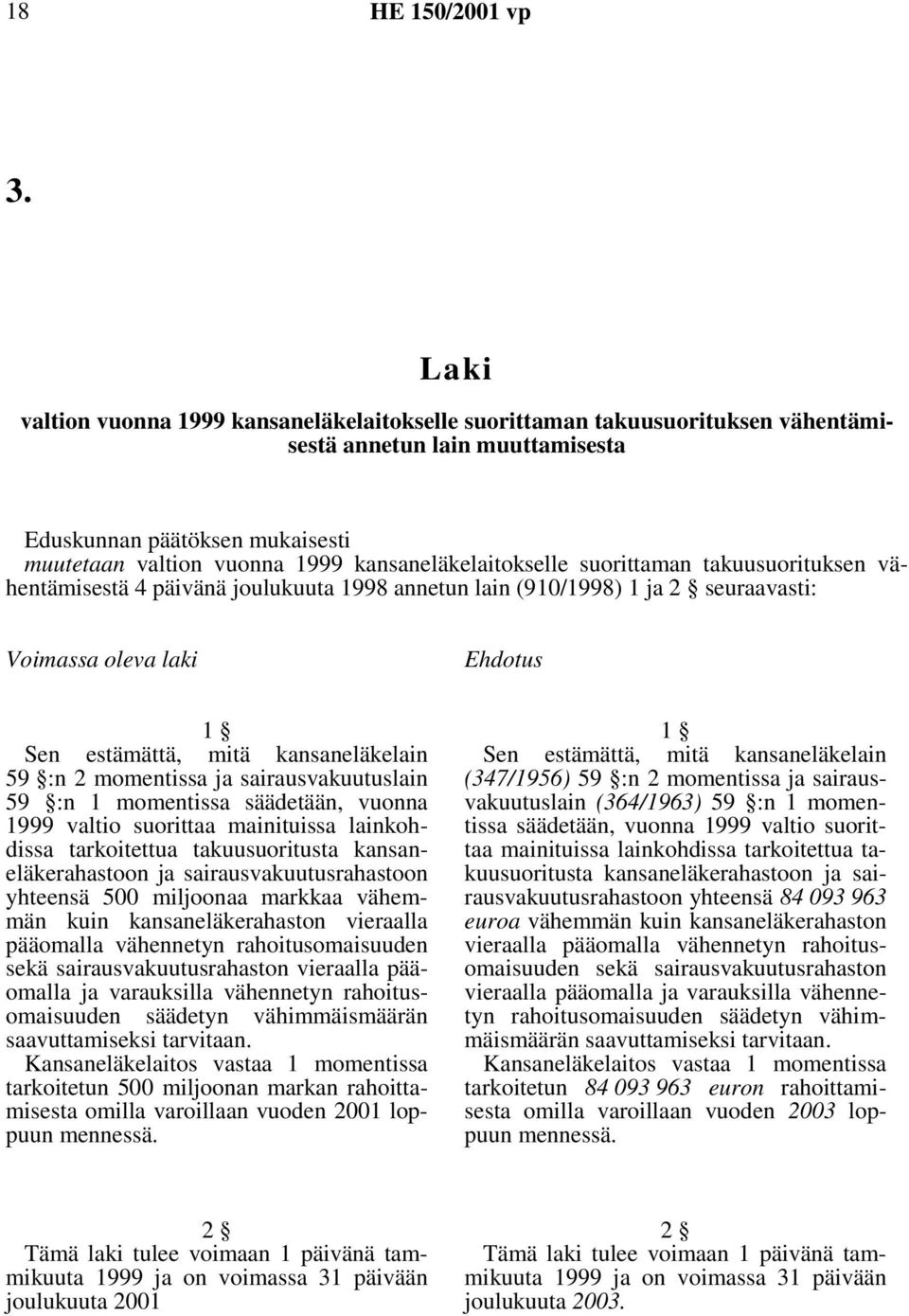 kansaneläkelain 59 :n 2 momentissa ja sairausvakuutuslain 59 :n 1 momentissa säädetään, vuonna 1999 valtio suorittaa mainituissa lainkohdissa tarkoitettua takuusuoritusta kansaneläkerahastoon ja