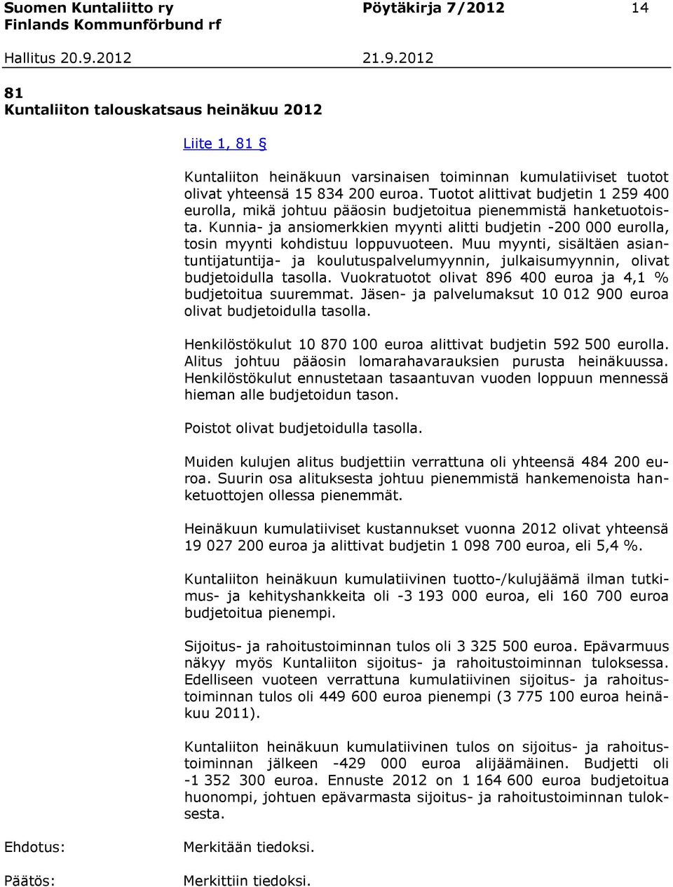 Kunnia- ja ansiomerkkien myynti alitti budjetin -200 000 eurolla, tosin myynti kohdistuu loppuvuoteen.