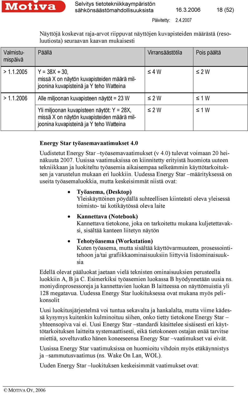 1.2006 Alle miljoonan kuvapisteen näytöt = 23 W 2 W 1 W Yli miljoonan kuvapisteen näytöt: Y = 28X, missä X on näytön kuvapisteiden määrä miljoonina kuvapisteinä ja Y teho Watteina 2 W 1 W Energy Star