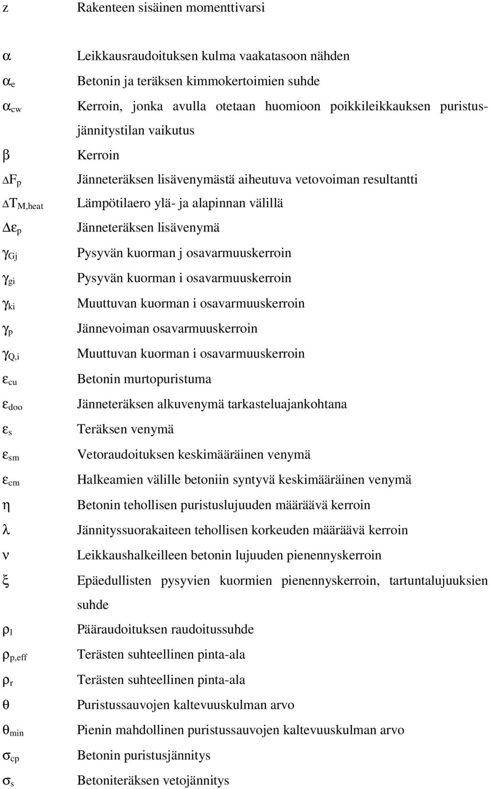 resultantti Lämpötilaero ylä- ja alapinnan välillä Jänneteräksen lisävenymä Pysyvän kuorman j osavarmuuskerroin Pysyvän kuorman i osavarmuuskerroin Muuttuvan kuorman i osavarmuuskerroin Jännevoiman