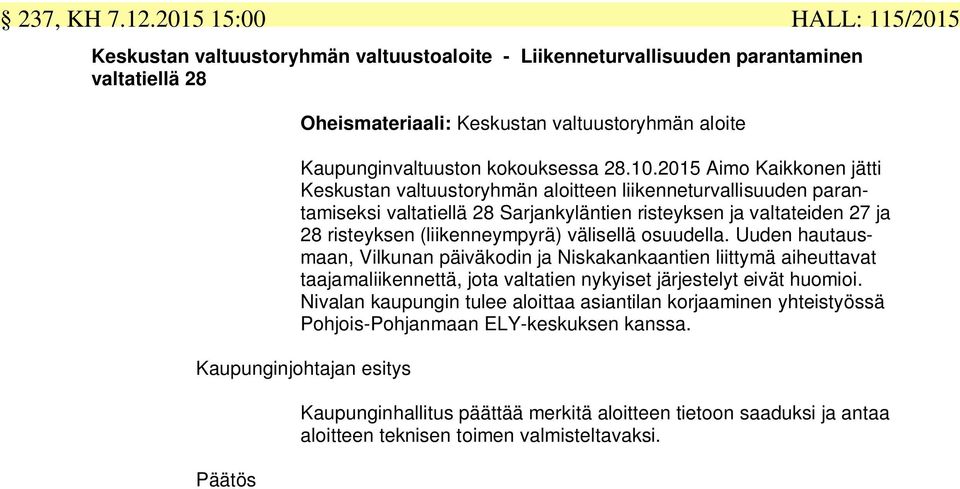 2015 Aimo Kaikkonen jätti Keskustan valtuustoryhmän aloitteen liikenneturvallisuuden parantamiseksi valtatiellä 28 Sarjankyläntien risteyksen ja valtateiden 27 ja 28 risteyksen (liikenneympyrä)