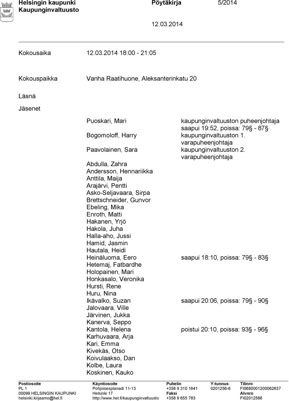 varapuheenjohtaja Abdulla, Zahra Andersson, Hennariikka Anttila, Maija Arajärvi, Pentti Asko-Seljavaara, Sirpa Brettschneider, Gunvor Ebeling, Mika Enroth, Matti Hakanen, Yrjö Hakola, Juha Halla-aho,