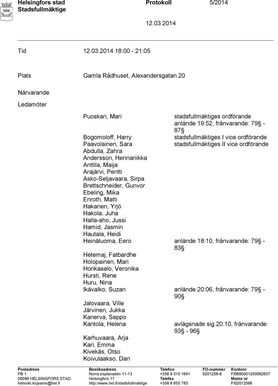 Asko-Seljavaara, Sirpa Brettschneider, Gunvor Ebeling, Mika Enroth, Matti Hakanen, Yrjö Hakola, Juha Halla-aho, Jussi Hamid, Jasmin Hautala, Heidi Heinäluoma, Eero anlände 18:10, frånvarande: 79-83