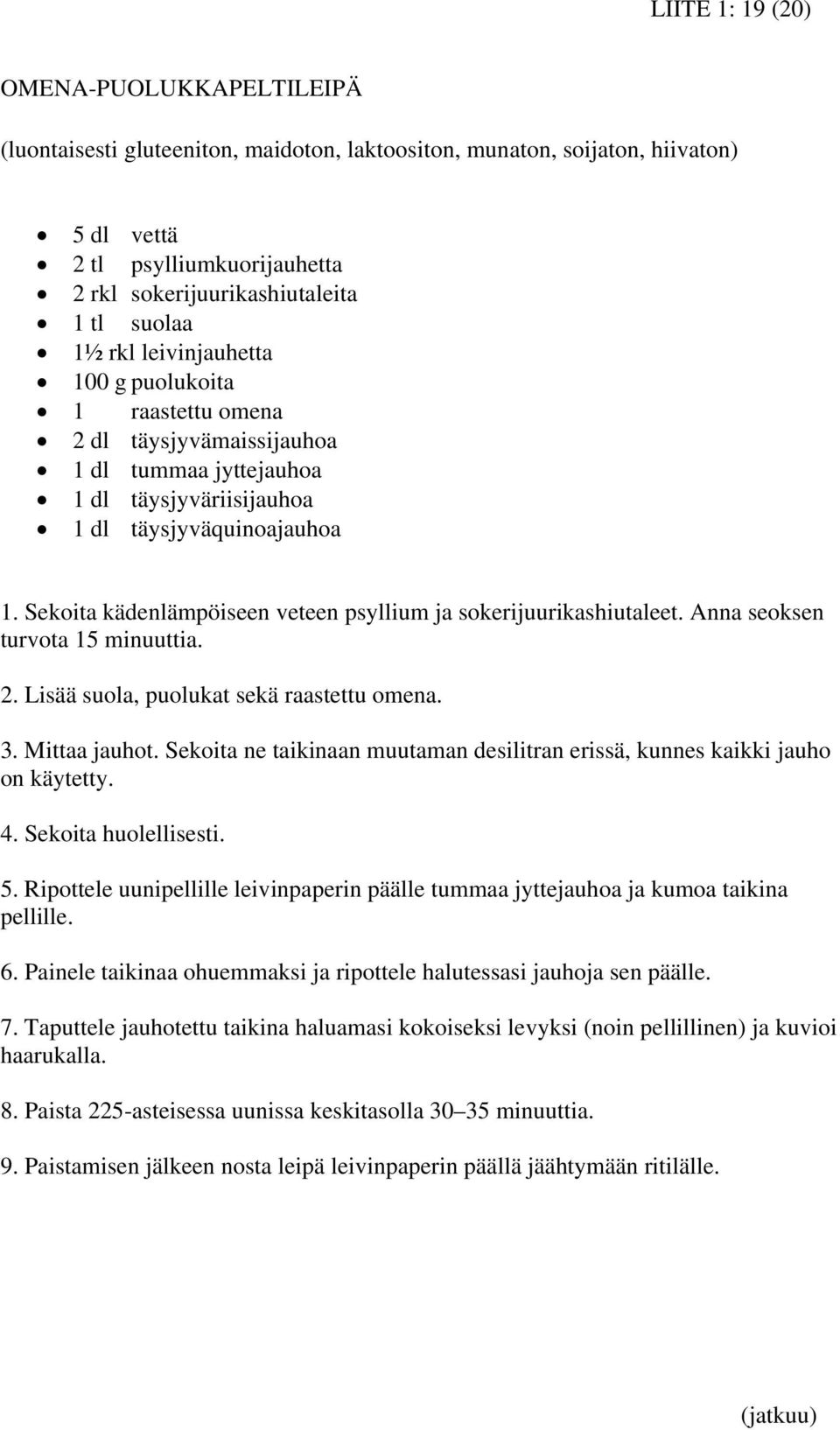 Sekoita kädenlämpöiseen veteen psyllium ja sokerijuurikashiutaleet. Anna seoksen turvota 15 minuuttia. 2. Lisää suola, puolukat sekä raastettu omena. 3. Mittaa jauhot.