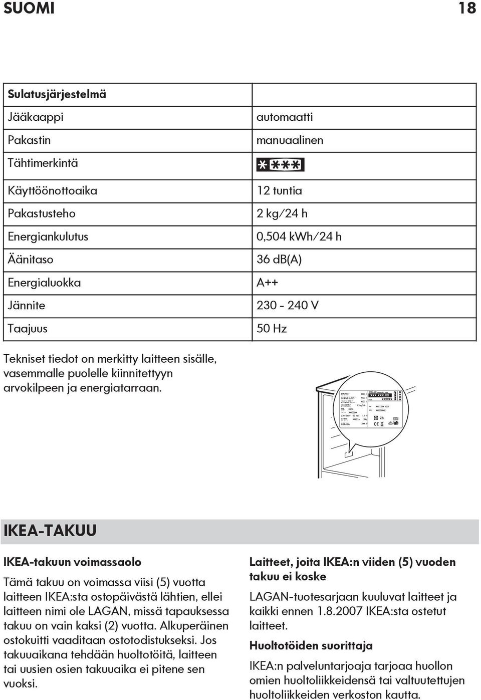 IKEA-TAKUU IKEA-takuun voimassaolo Tämä takuu on voimassa viisi (5) vuotta laitteen IKEA:sta ostopäivästä lähtien, ellei laitteen nimi ole LAGAN, missä tapauksessa takuu on vain kaksi (2) vuotta.