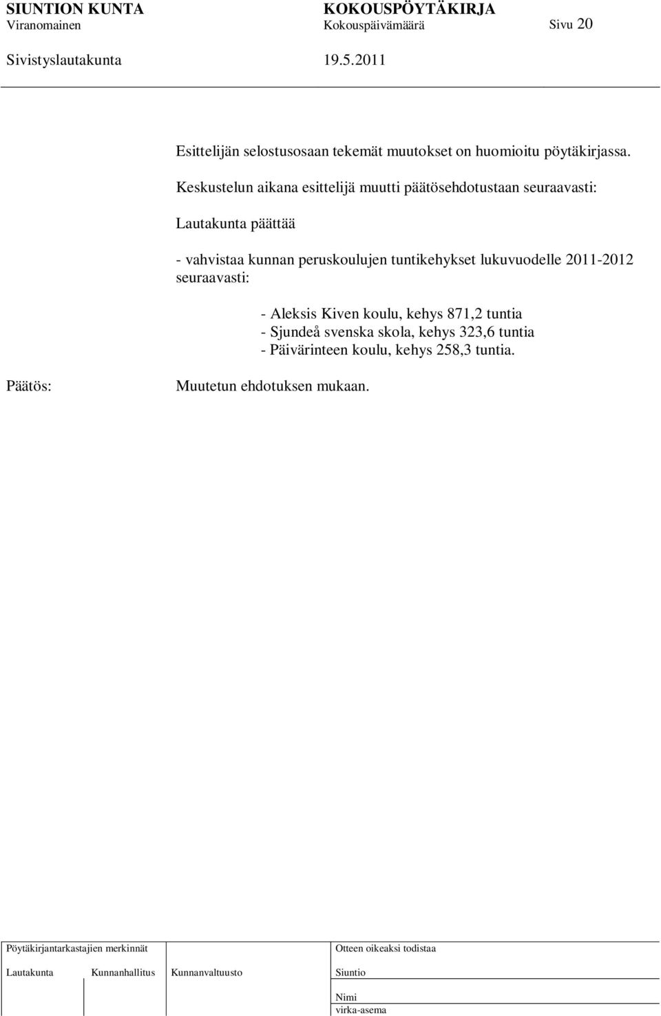 kunnan peruskoulujen tuntikehykset lukuvuodelle 2011-2012 seuraavasti: - Aleksis Kiven koulu, kehys