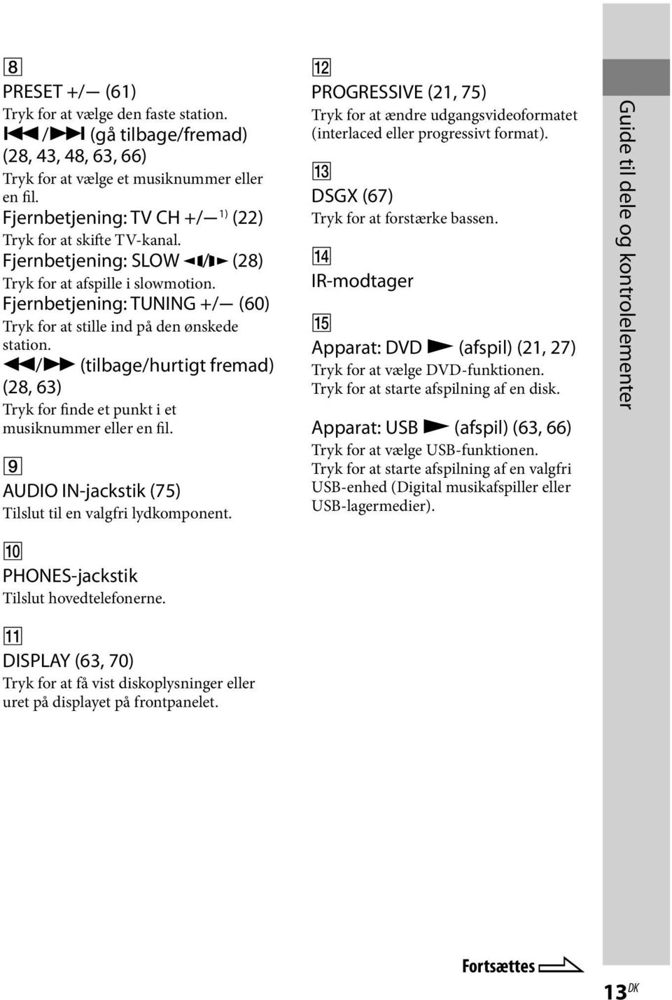 Fjernbetjening: TUNING +/ (60) Tryk for at stille ind på den ønskede station. / (tilbage/hurtigt fremad) (28, 63) Tryk for finde et punkt i et musiknummer eller en fil.