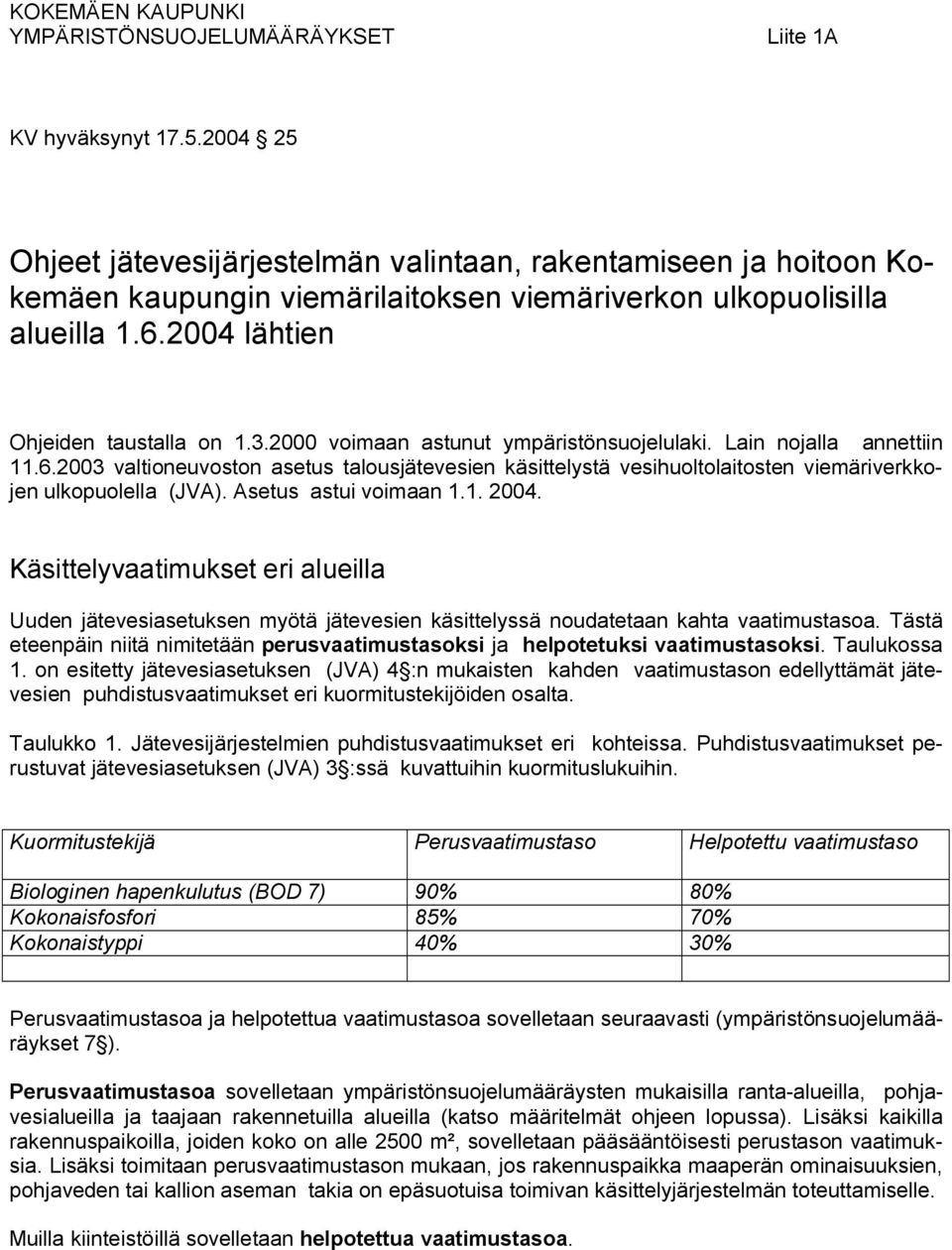 2000 voimaan astunut ympäristönsuojelulaki. Lain nojalla annettiin 11.6.2003 valtioneuvoston asetus talousjätevesien käsittelystä vesihuoltolaitosten viemäriverkkojen ulkopuolella (JVA).