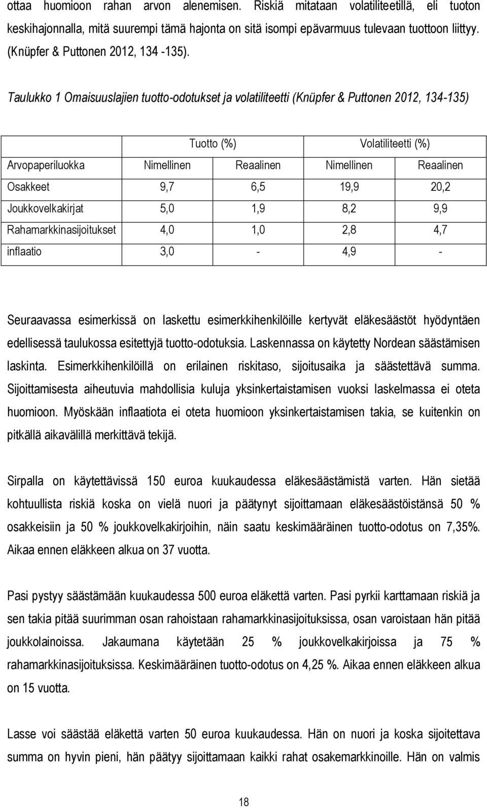 Taulukko 1 Omaisuuslajien tuotto-odotukset ja volatiliteetti (Knüpfer & Puttonen 2012, 134-135) Tuotto (%) Volatiliteetti (%) Arvopaperiluokka Nimellinen Reaalinen Nimellinen Reaalinen Osakkeet 9,7