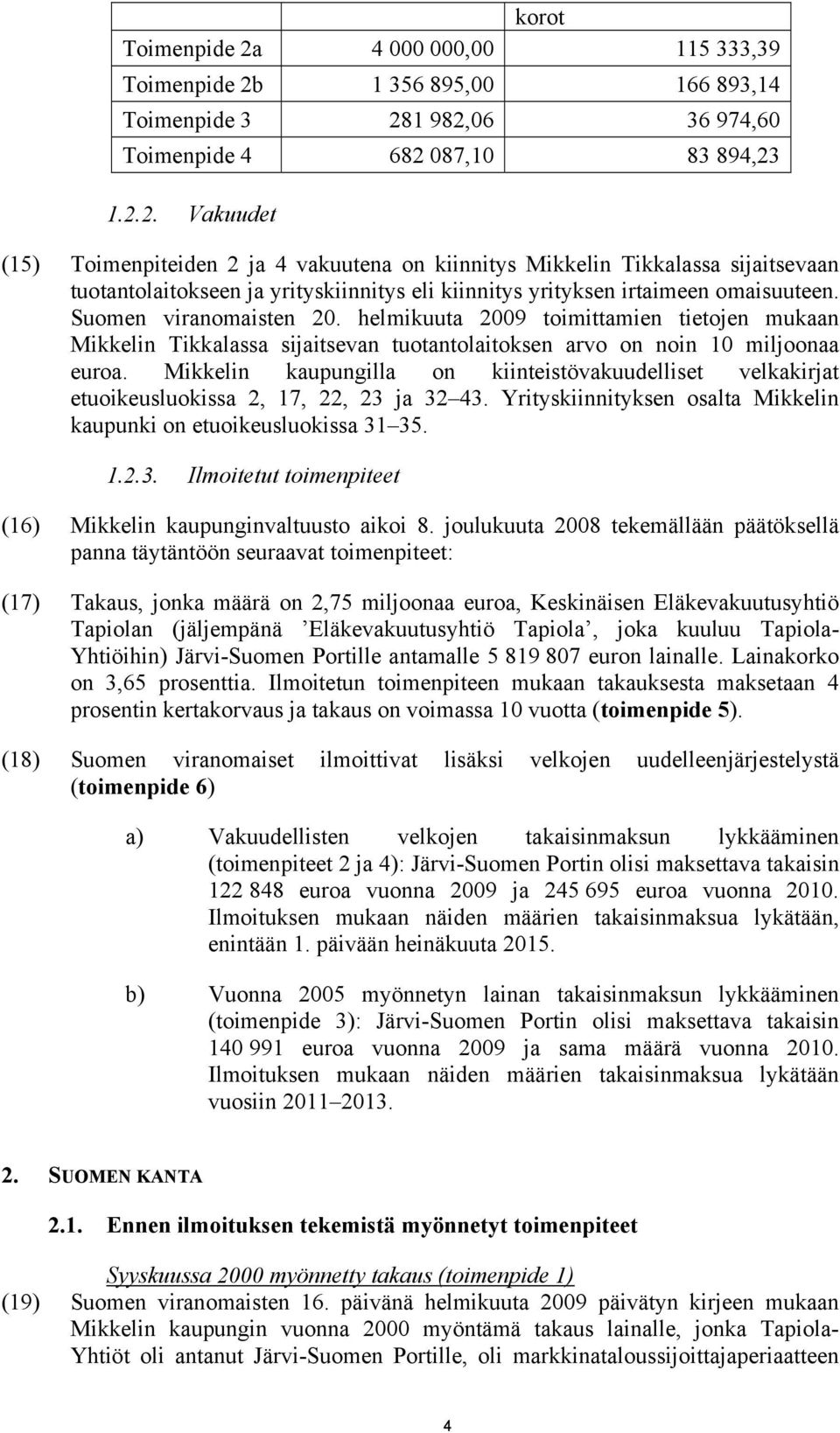 Mikkelin kaupungilla on kiinteistövakuudelliset velkakirjat etuoikeusluokissa 2, 17, 22, 23 ja 32 43. Yrityskiinnityksen osalta Mikkelin kaupunki on etuoikeusluokissa 31 35. 1.2.3. Ilmoitetut toimenpiteet (16) Mikkelin kaupunginvaltuusto aikoi 8.