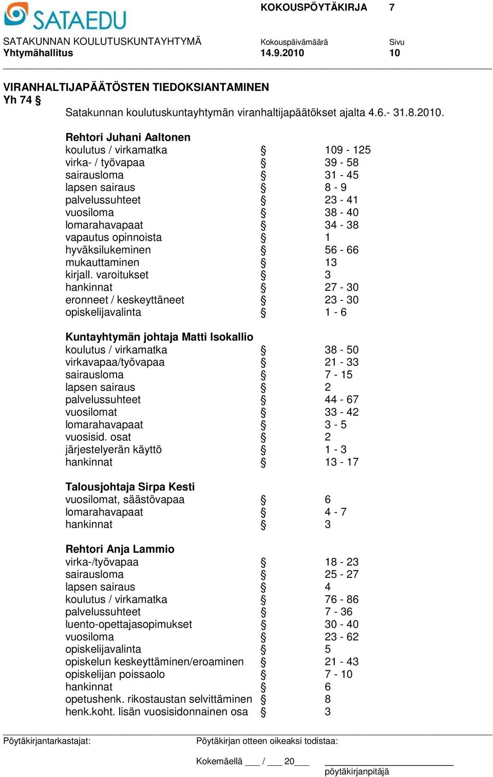 Rehtori Juhani Aaltonen koulutus / virkamatka 109-125 virka- / työvapaa 39-58 sairausloma 31-45 lapsen sairaus 8-9 palvelussuhteet 23-41 vuosiloma 38-40 lomarahavapaat 34-38 vapautus opinnoista 1