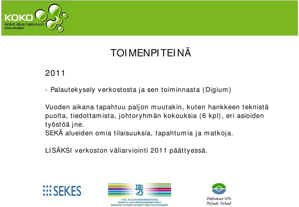 tiedottamista, johtoryhmän kokouksia (6 kpl), eri asioiden työstöä jne.
