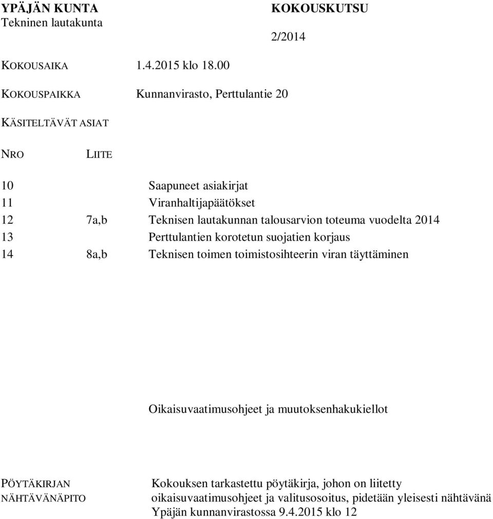 talousarvion toteuma vuodelta 2014 13 Perttulantien korotetun suojatien korjaus 14 8a,b Teknisen toimen toimistosihteerin viran täyttäminen Oikaisuvaatimusohjeet