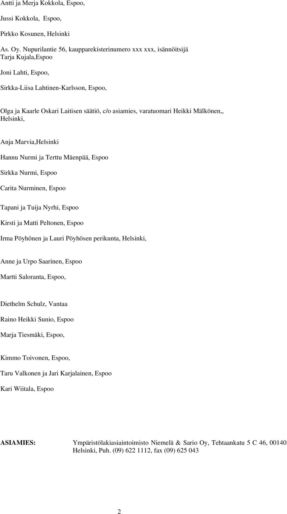 varatuomari Heikki Mälkönen,, Helsinki, Anja Marvia,Helsinki Hannu Nurmi ja Terttu Mäenpää, Espoo Sirkka Nurmi, Espoo Carita Nurminen, Espoo Tapani ja Tuija Nyrhi, Espoo Kirsti ja Matti Peltonen,