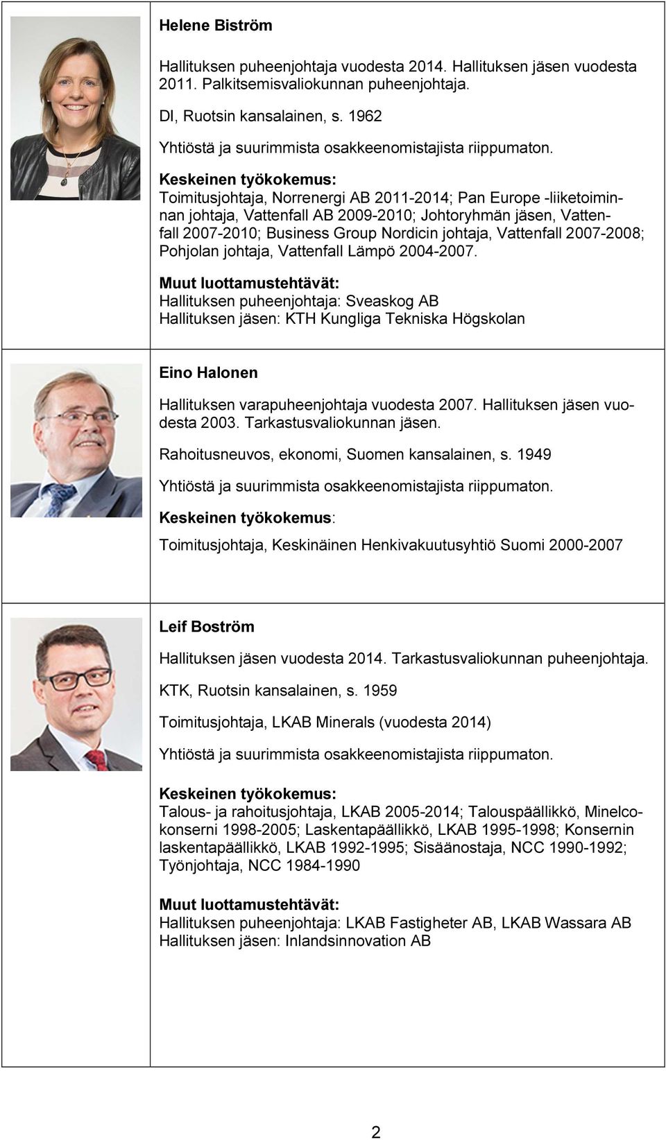 Toimitusjohtaja, Norrenergi AB 2011-2014; Pan Europe -liiketoiminnan johtaja, Vattenfall AB 2009-2010; Johtoryhmän jäsen, Vattenfall 2007-2010; Business Group Nordicin johtaja, Vattenfall 2007-2008;