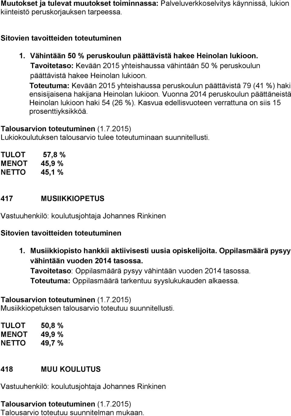 Toteutuma: Kevään 2015 yhteishaussa peruskoulun päättävistä 79 (41 %) haki ensisijaisena hakijana Heinolan lukioon. Vuonna 2014 peruskoulun päättäneistä Heinolan lukioon haki 54 (26 %).