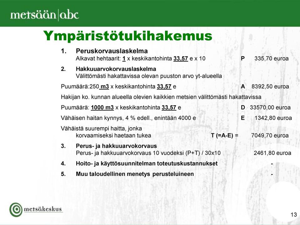 kunnan alueella olevien kaikkien metsien välittömästi hakattavissa Puumäärä: 1000 m3 x keskikantohinta 33,57 e D 33570,00 euroa Vähäisen haitan kynnys, 4 % edell.