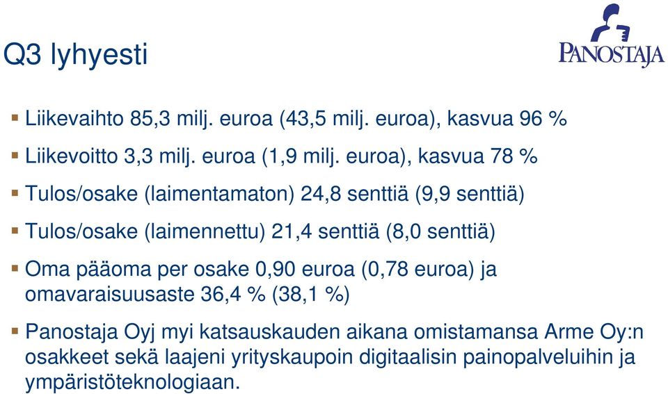 senttiä) Oma pääoma per osake 0,90 euroa (0,78 euroa) ja omavaraisuusaste 36,4 % (38,1 %) Panostaja Oyj myi