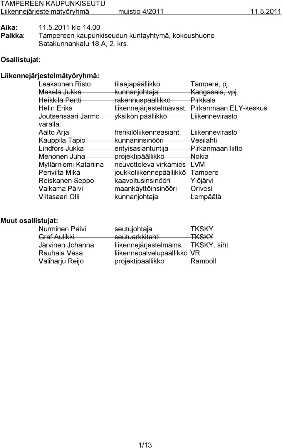 Heikkilä Pertti rakennuspäällikkö Pirkkala Helin Erika liikennejärjestelmävast. Pirkanmaan ELY keskus Joutsensaari Jarmo yksikön päällikkö Liikennevirasto varalla: Aalto Arja henkilöliikenneasiant.