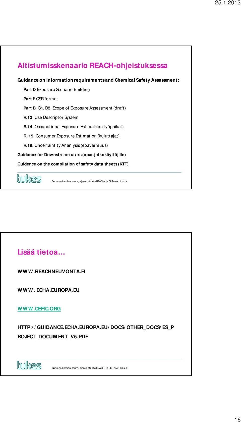 Consumer Exposure Estimation (kuluttajat) Uncertaintity Ananlysis (epävarmuus) Guidance for Downstream users (opas jatkokäyttäjille) Guidence on the