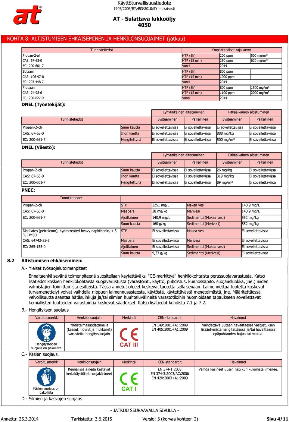 altistuminen Pitkäaikainen altistuminen Systeeminen Paikallinen Systeeminen Paikallinen Suun kautta Ihon kautta 888 mg/kg Hengitettynä 500 mg/m³ DNEL (Väestö): Lyhytaikainen altistuminen