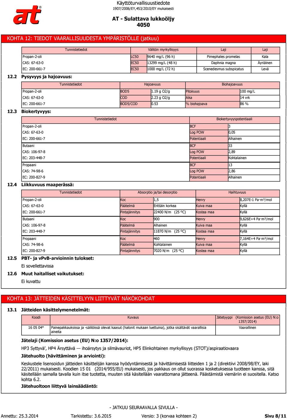 3 Biokertyvyys: Biokertyvyyspotentiaali BCF 3 Log POW 0,05 Potentiaali Alhainen Butaani BCF 33 CAS: 106-97-8 Log POW 2,89 EC: 203-448-7 Potentiaali Kohtalainen Propaani BCF 13 CAS: 74-98-6 Log POW