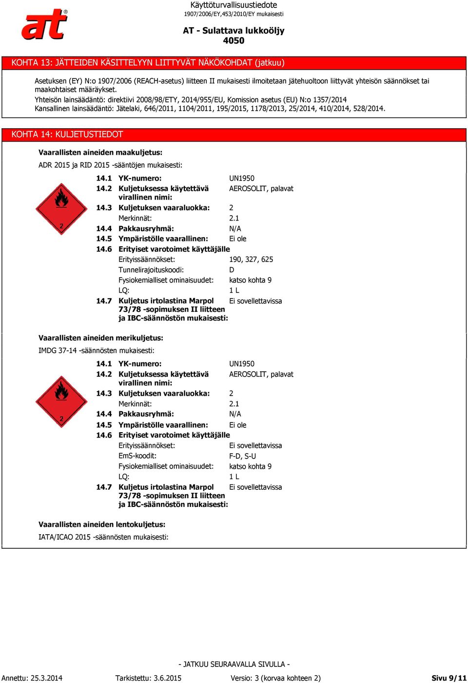 Yhteisön lainsäädäntö: direktiivi 2008/98/ETY, 2014/955/EU, Komission asetus (EU) N:o 1357/2014 Kansallinen lainsäädäntö: Jätelaki, 646/2011, 1104/2011, 195/2015, 1178/2013, 25/2014, 410/2014,