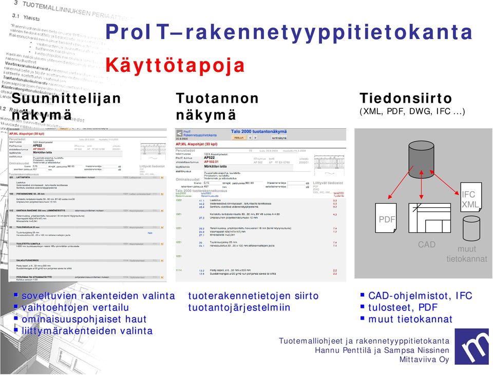 ..) PDF IFC XML CAD muut tietokannat soveltuvien rakenteiden valinta vaihtoehtojen