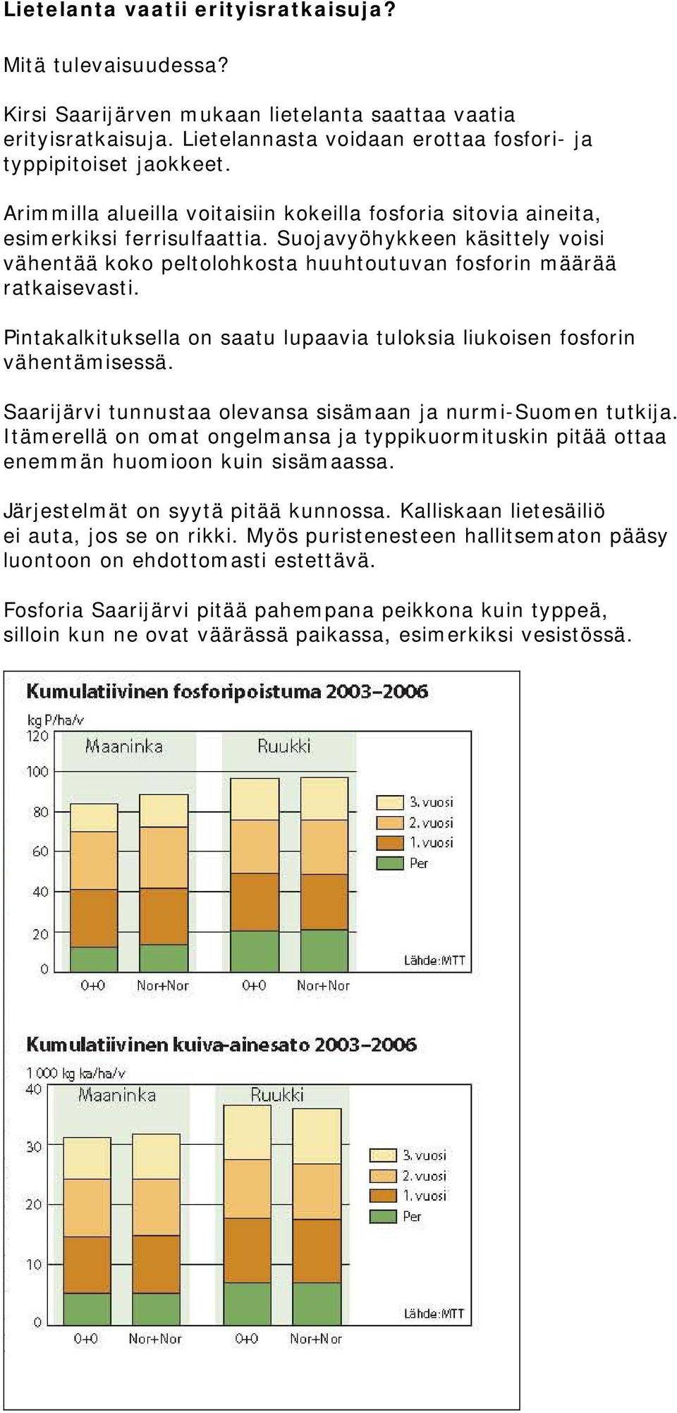 Pintakalkituksella on saatu lupaavia tuloksia liukoisen fosforin vähentämisessä. Saarijärvi tunnustaa olevansa sisämaan ja nurmi-suomen tutkija.