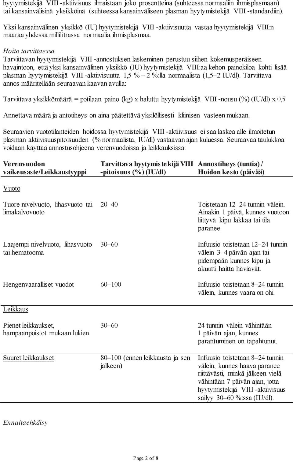 Hoito tarvittaessa Tarvittavan hyytymistekijä VIII -annostuksen laskeminen perustuu siihen kokemusperäiseen havaintoon, että yksi kansainvälinen yksikkö (IU) hyytymistekijä VIII:aa kehon painokiloa