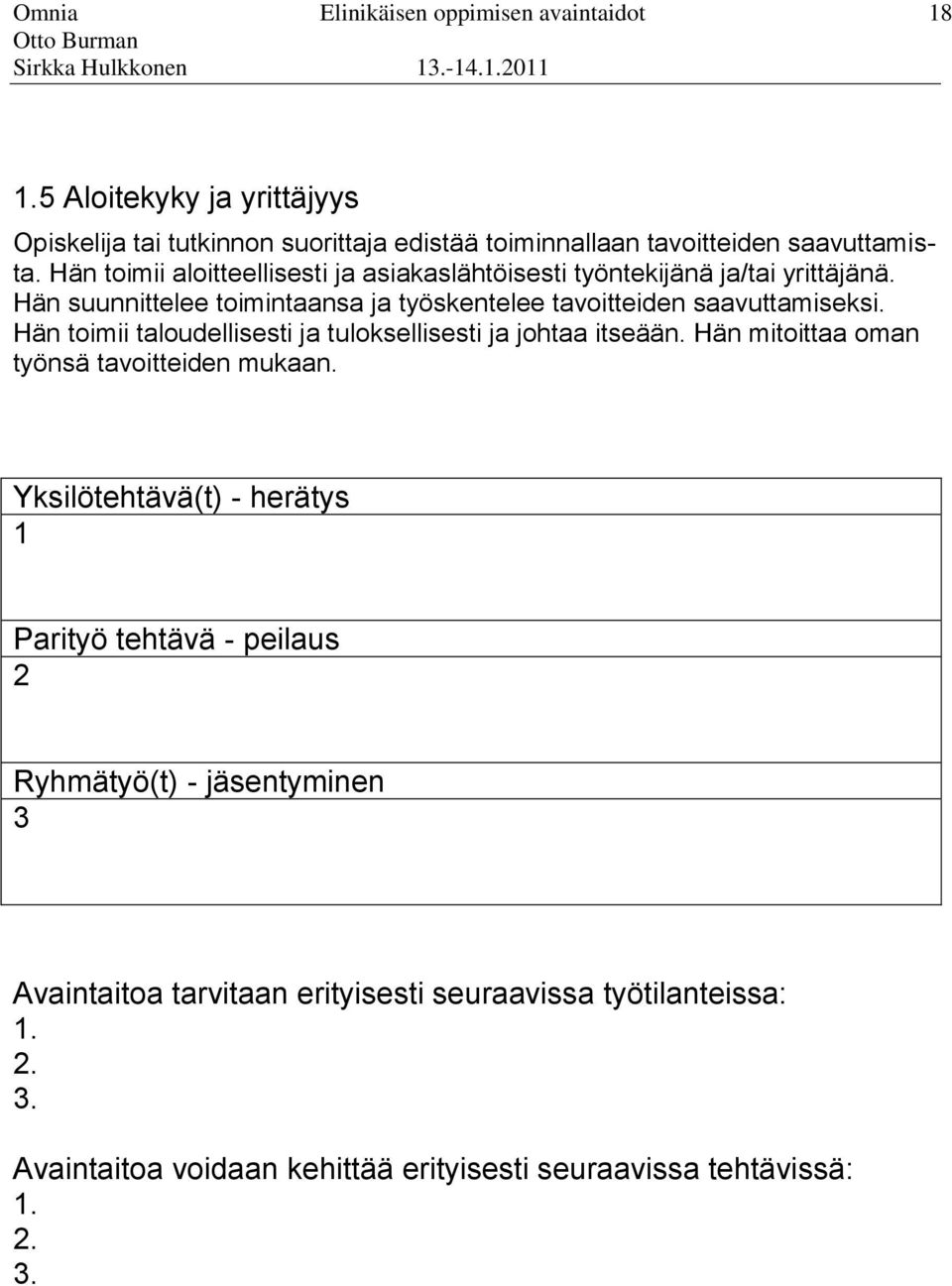 toimii taloudellisesti ja tuloksellisesti ja johtaa itseään Hän mitoittaa oman työnsä tavoitteiden mukaan Yksilötehtävä(t) - herätys 1 Parityö tehtävä - peilaus