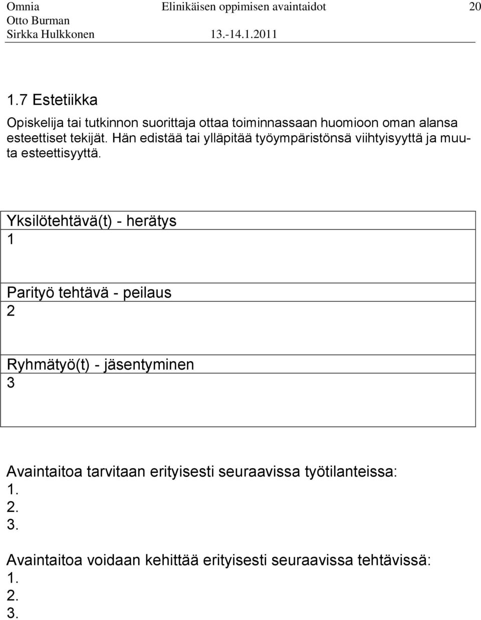 esteettisyyttä Yksilötehtävä(t) - herätys 1 Parityö tehtävä - peilaus 2 Ryhmätyö(t) - jäsentyminen 3 Avaintaitoa