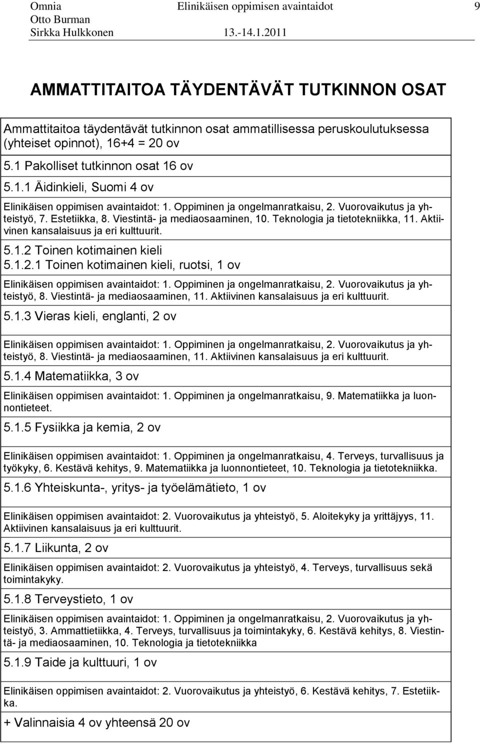 mediaosaaminen, 10 Teknologia ja tietotekniikka, 11 Aktiivinen kansalaisuus ja eri kulttuurit 512 Toinen kotimainen kieli 5121 Toinen kotimainen kieli, ruotsi, 1 ov Elinikäisen oppimisen avaintaidot: