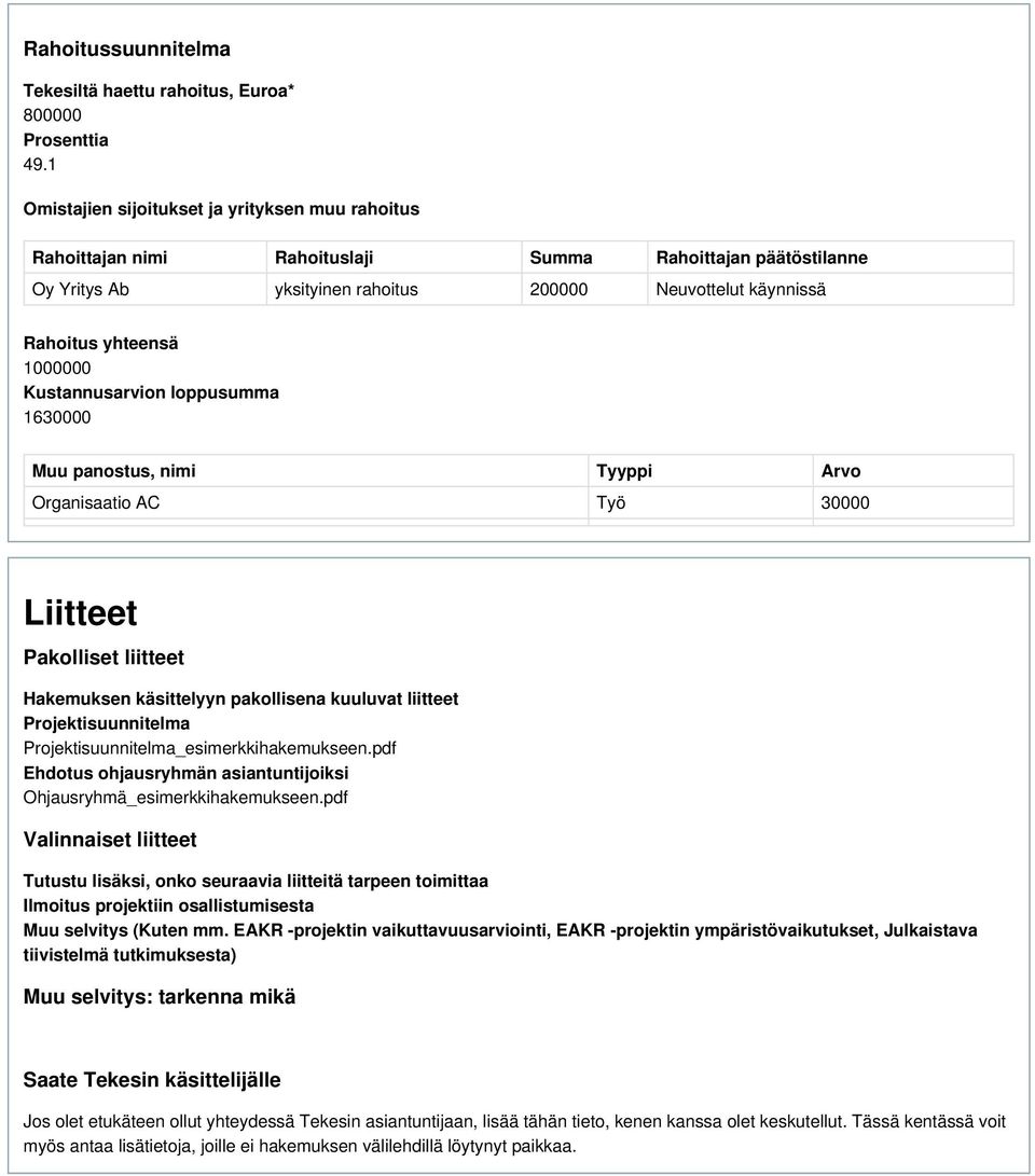 1000000 Kustannusarvion loppusumma 1630000 Muu panostus, nimi Tyyppi Arvo Organisaatio AC Työ 30000 Liitteet Pakolliset liitteet Hakemuksen käsittelyyn pakollisena kuuluvat liitteet