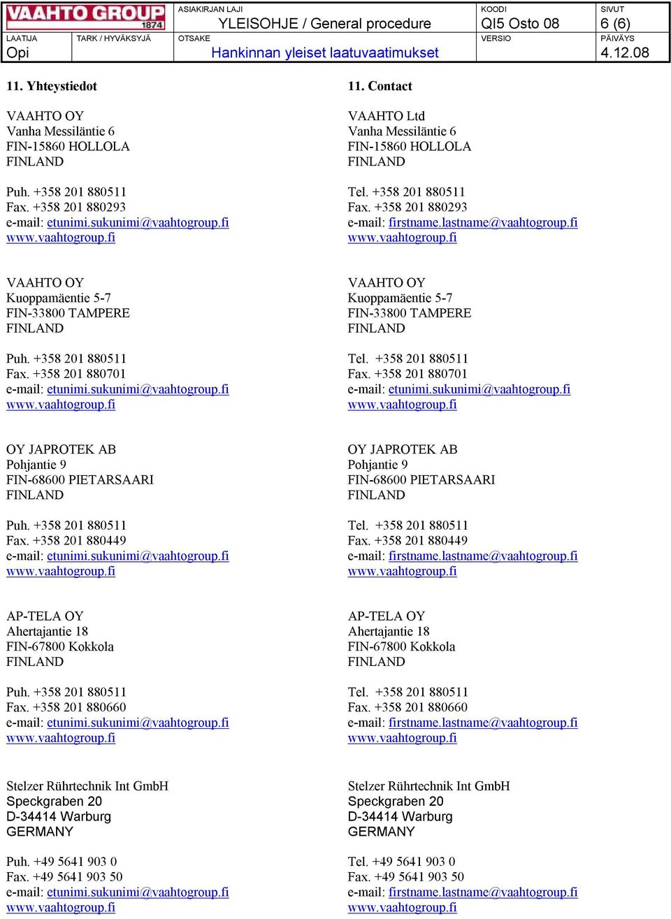 +358 201 880701 OY JAPROTEK AB Pohjantie 9 FIN-68600 PIETARSAARI Fax. +358 201 880449 OY JAPROTEK AB Pohjantie 9 FIN-68600 PIETARSAARI Fax.