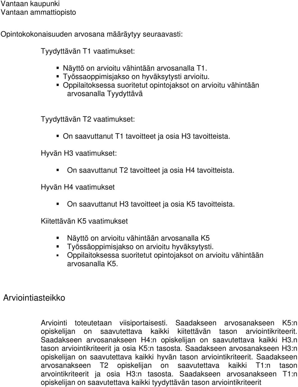 Hyvän H3 vaatimukset: On saavuttanut T2 tavoitteet ja osia H4 tavoitteista. Hyvän H4 vaatimukset On saavuttanut H3 tavoitteet ja osia K5 tavoitteista.