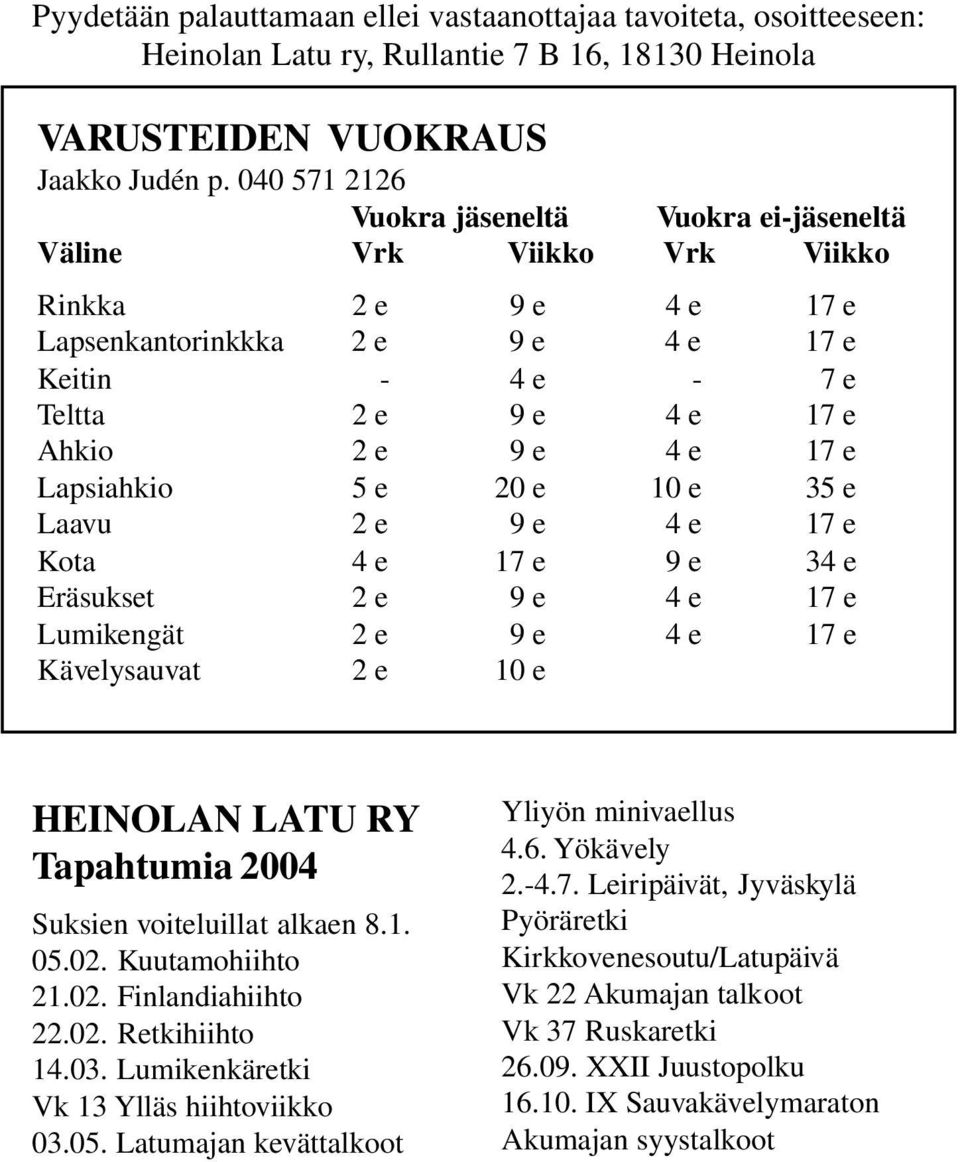 17 e Lapsiahkio 5 e 20 e 10 e 35 e Laavu 2 e 9 e 4 e 17 e Kota 4 e 17 e 9 e 34 e Eräsukset 2 e 9 e 4 e 17 e Lumikengät 2 e 9 e 4 e 17 e Kävelysauvat 2 e 10 e HEINOLAN LATU RY Tapahtumia 2004 Suksien