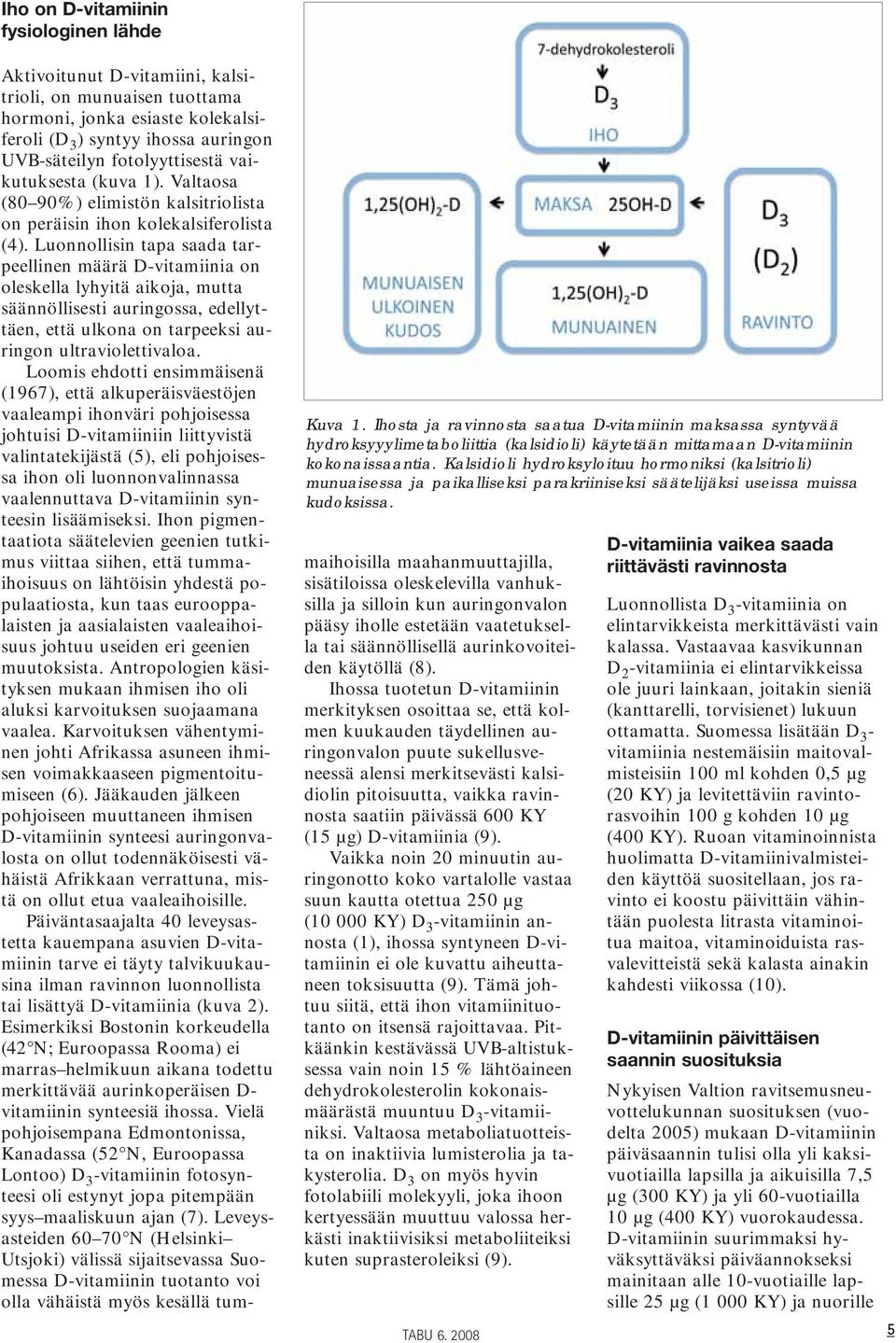 Aktivoitunut D-vitamiini, kalsitrioli, on munuaisen tuottama hormoni, jonka esiaste kolekalsiferoli (D 3 ) syntyy ihossa auringon UVB-säteilyn fotolyyttisestä vaikutuksesta (kuva 1).