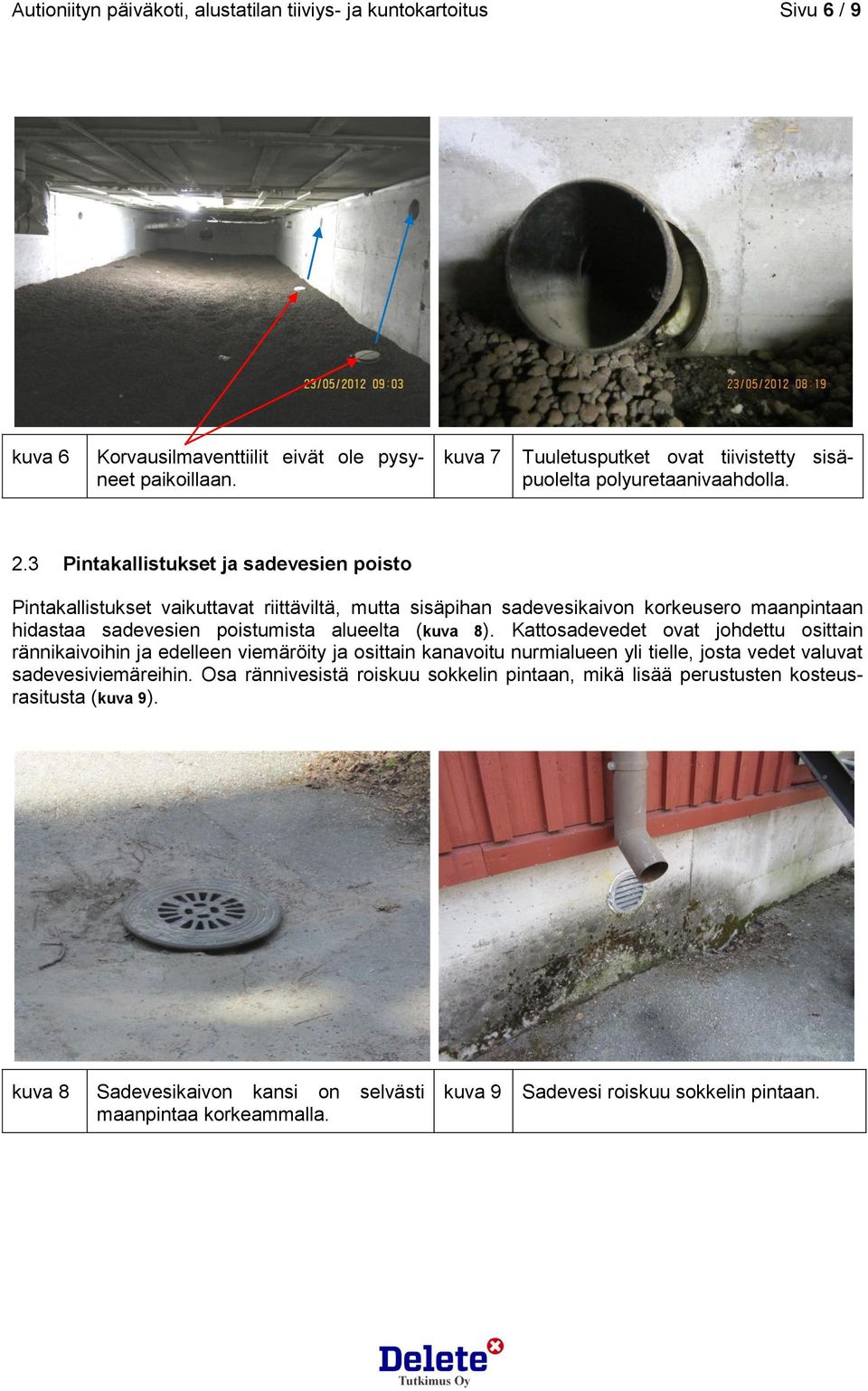 3 Pintakallistukset ja sadevesien poisto Pintakallistukset vaikuttavat riittäviltä, mutta sisäpihan sadevesikaivon korkeusero maanpintaan hidastaa sadevesien poistumista alueelta (kuva 8).