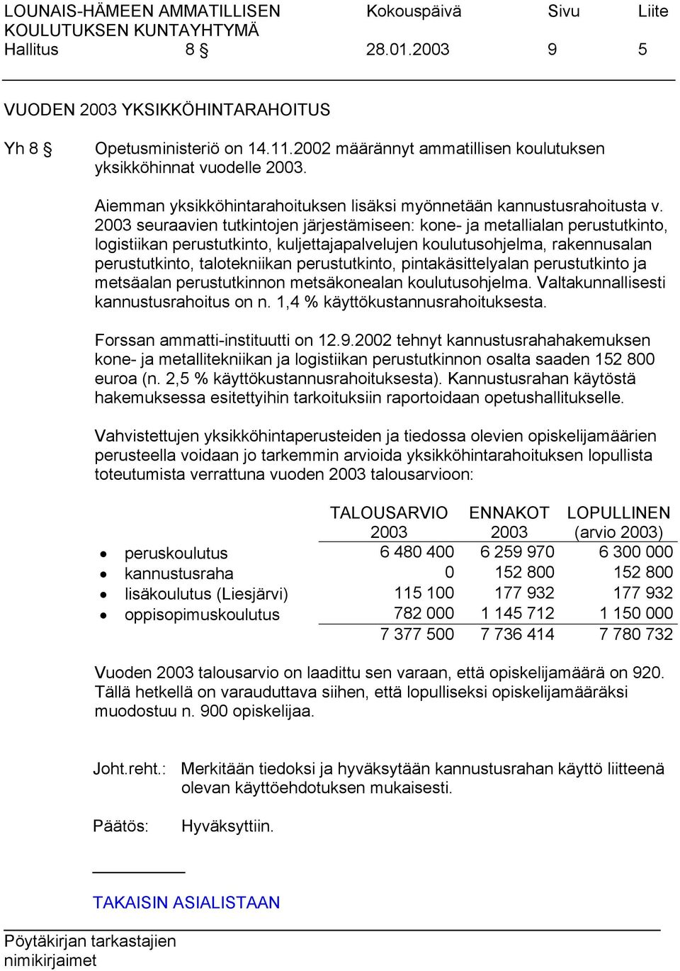 2003 seuraavien tutkintojen järjestämiseen: kone- ja metallialan perustutkinto, logistiikan perustutkinto, kuljettajapalvelujen koulutusohjelma, rakennusalan perustutkinto, talotekniikan