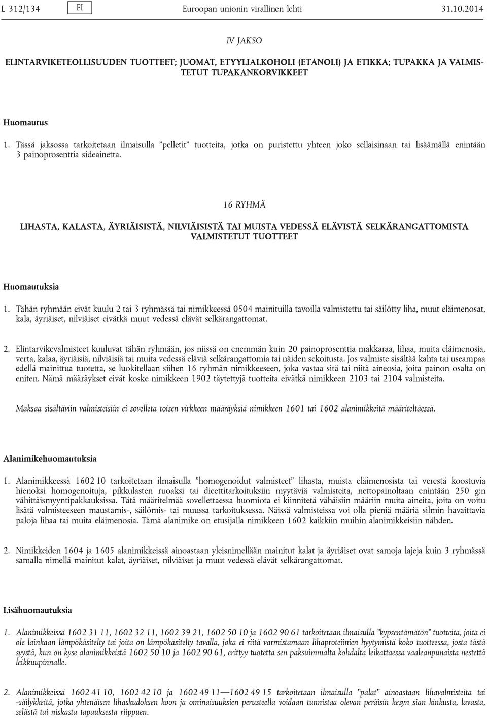 16 RYHMÄ LIHASTA, KALASTA, ÄYRIÄISISTÄ, NILVIÄISISTÄ TAI MUISTA VEDESSÄ ELÄVISTÄ SELKÄRANGATTOMISTA VALMISTETUT TUOTTEET Huomautuksia 1.