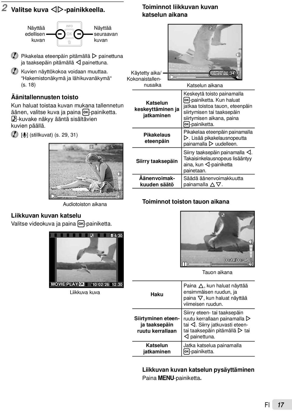 Kuvien näyttökokoa voidaan muuttaa. Hakemistonäkymä ja lähikuvanäkymä (s. 18) Äänitallennusten toisto Kun haluat toistaa kuvan mukana tallennetun äänen, valitse kuva ja paina H-painiketta.