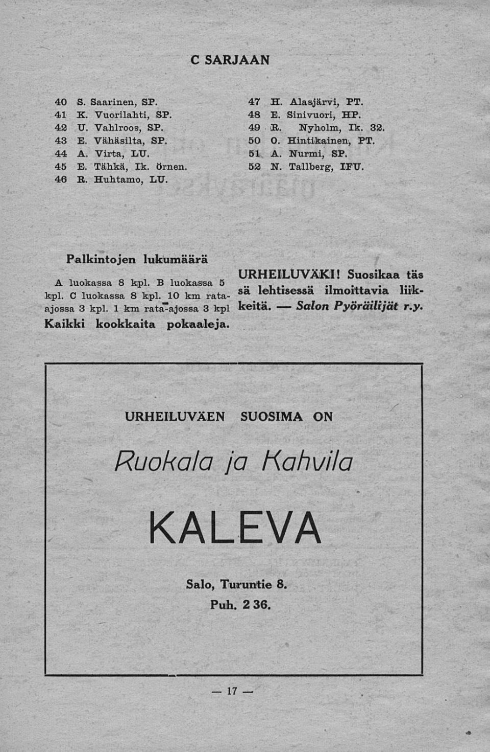 Palkintojen lukumäärä URHEILUVÄKI! Suosikaa täs A luokassa 8 kpl. B luokassa 5.,.. kpl. C luokassa 8 kpl.