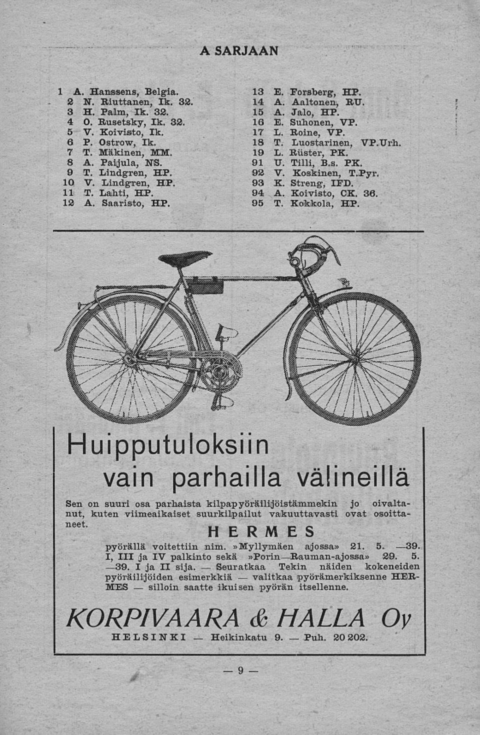 Luostarinen, VP.Urh. 19 L. Riister, PK. 91 U. Tilli, B.s. PK. 92 V. Koskinen, T.Pyr. 93 K. Streng, IFD. 94 A. Koivisto, OK. 36. 95 T. Kokkola, HP. i.